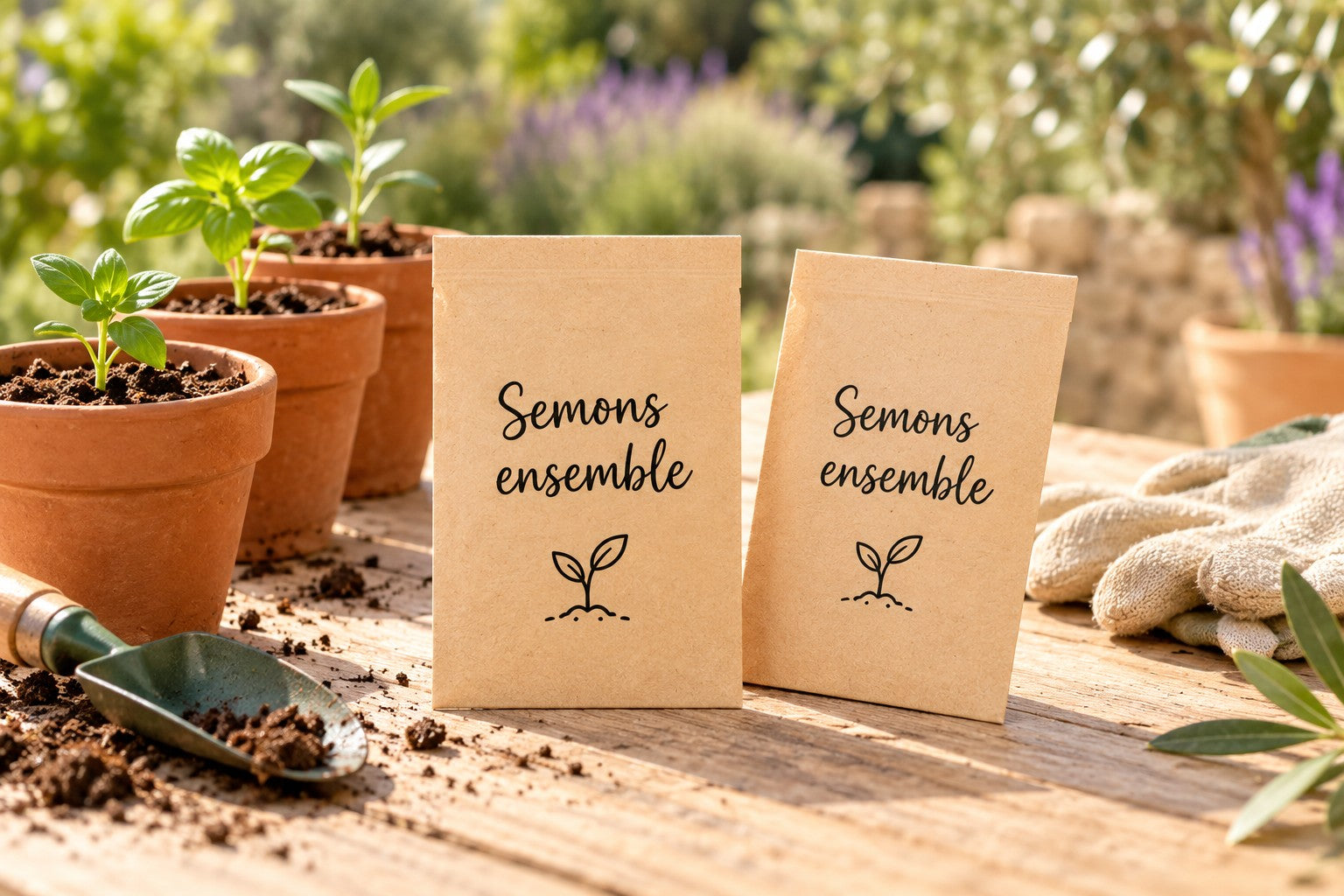 Sachets Semons ensemble présentés pour une animation de jardinage organisée par une collectivité