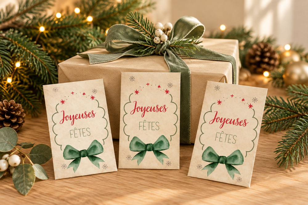 Sachets de graines Joyeuses fêtes avec un cadeau et des branches de sapin