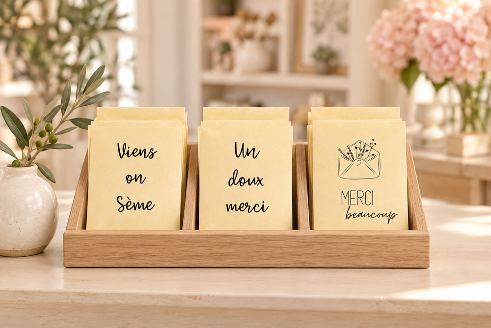 Sachets de graines prêts à offrir dans un présentoir de boutique