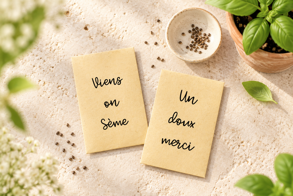 Sachets de graines Viens on Sème et Un doux merci avec des plantes