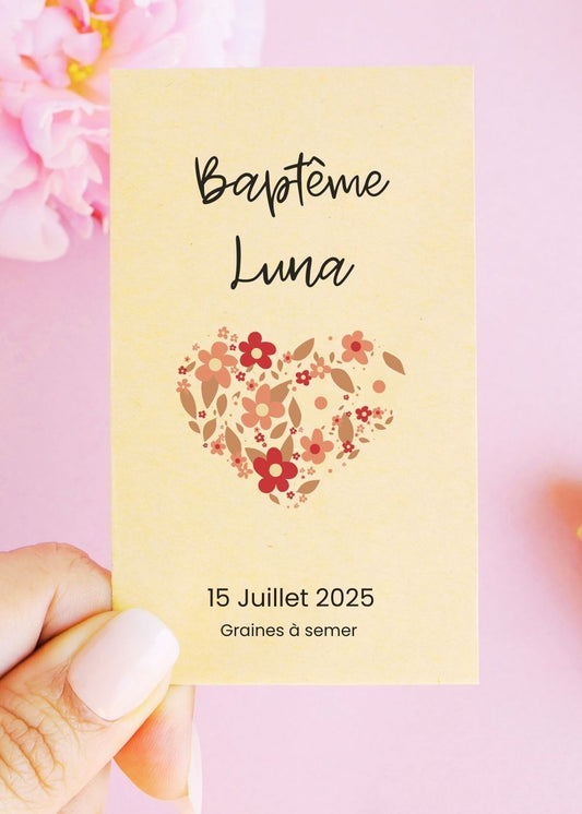 Sachets de graines - Baptême "Cœur fleurs"