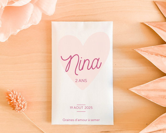 Sachets de graines - Baptême - "Cœur rose"