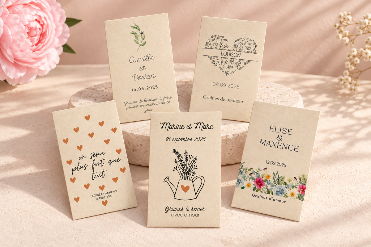 Cinq sachets de graines Macaron et Confetti, dont le modèle Arrosoir cœur, sur un support minéral crème