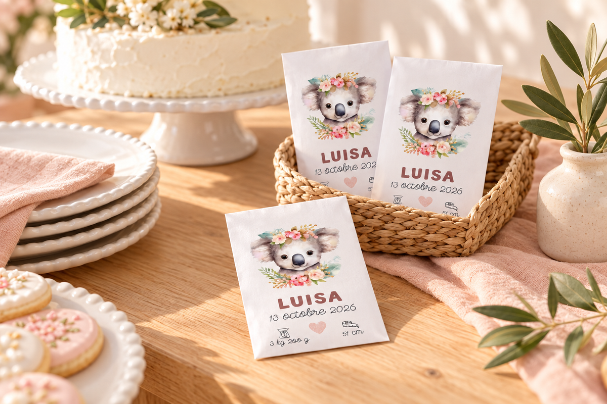 Sachets blancs au motif Koala près du gâteau et des assiettes d’une fête familiale