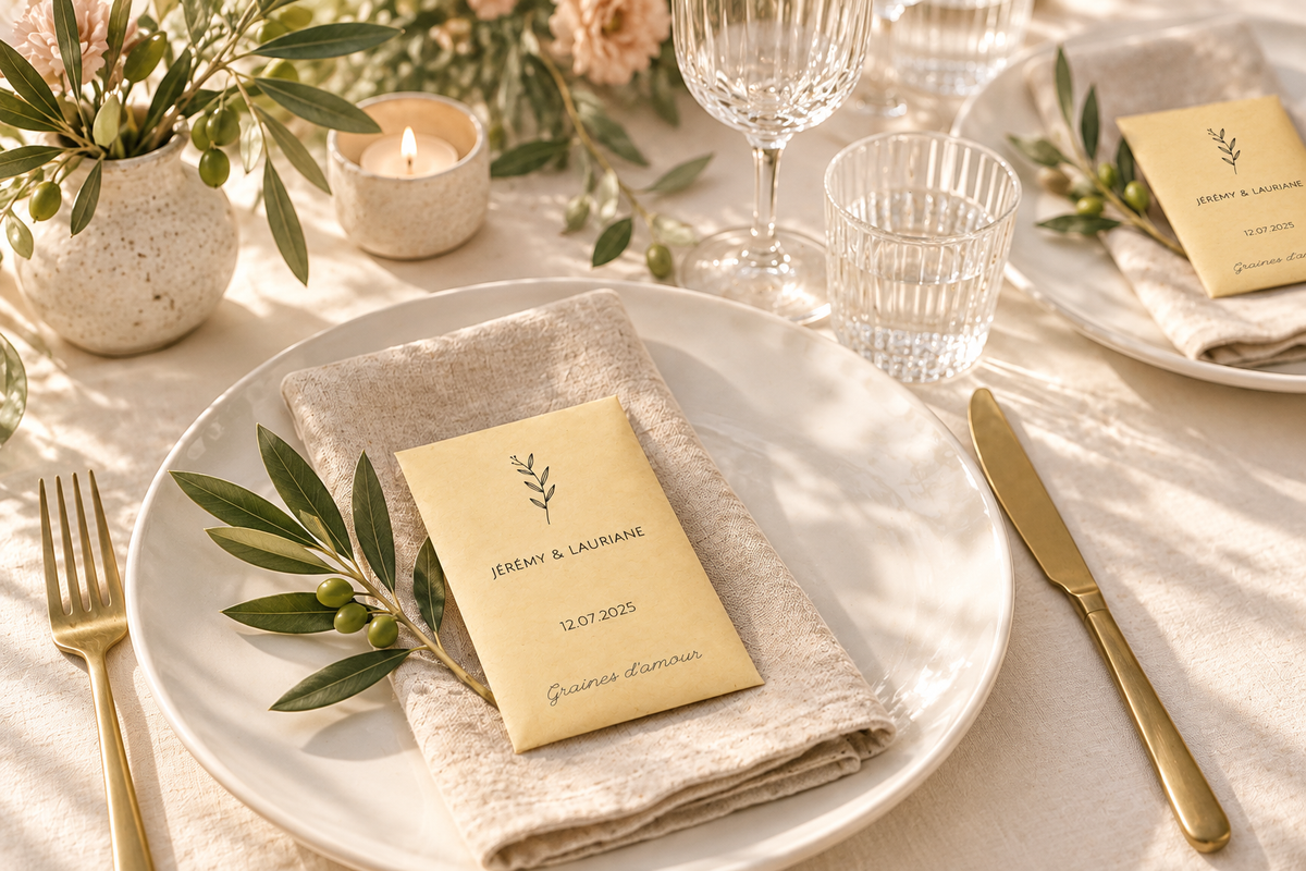 Sachet de graines Branche olivier sur une assiette de mariage, avec une serviette en lin et un rameau d’olivier