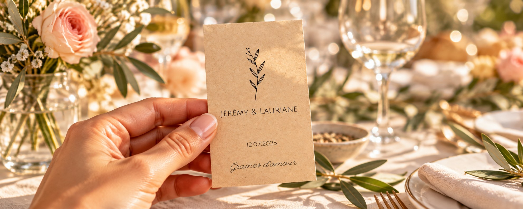 Sachet personnalisé Branche olivier tenu à une table de mariage
